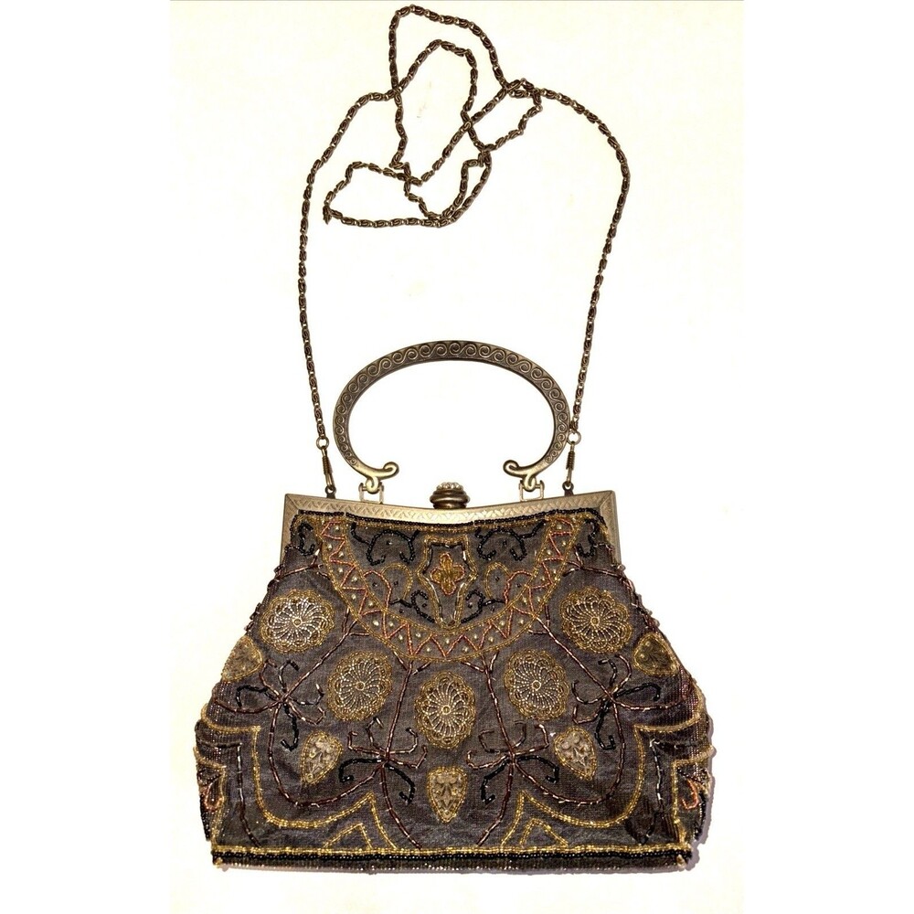 Vintage Beaded Frame Handbag -Jeweled Cabochon -Kiss Lock -Chain -Gate Handle